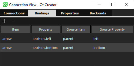 "Connections view Bindings tab"