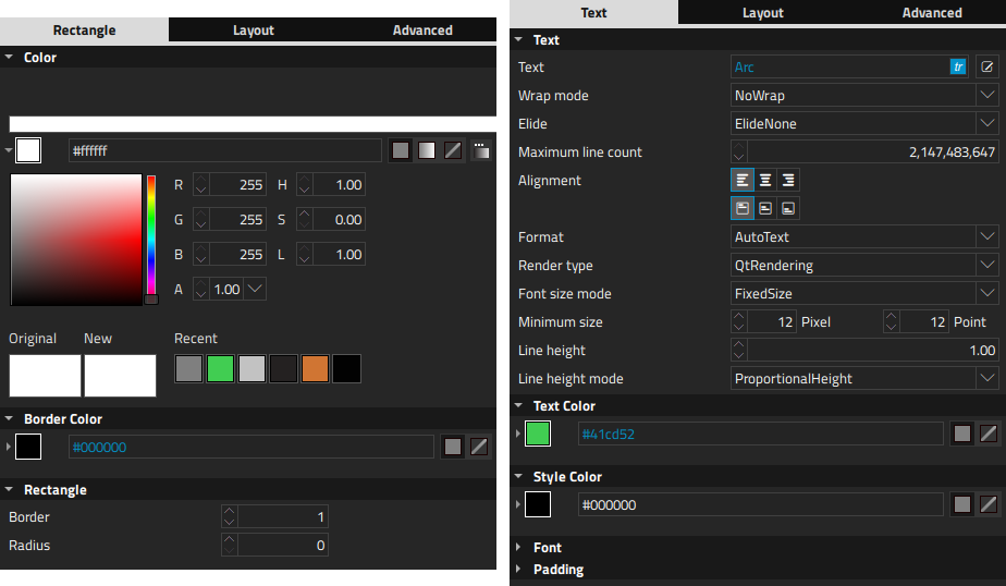 "Rectangle and Text properties"