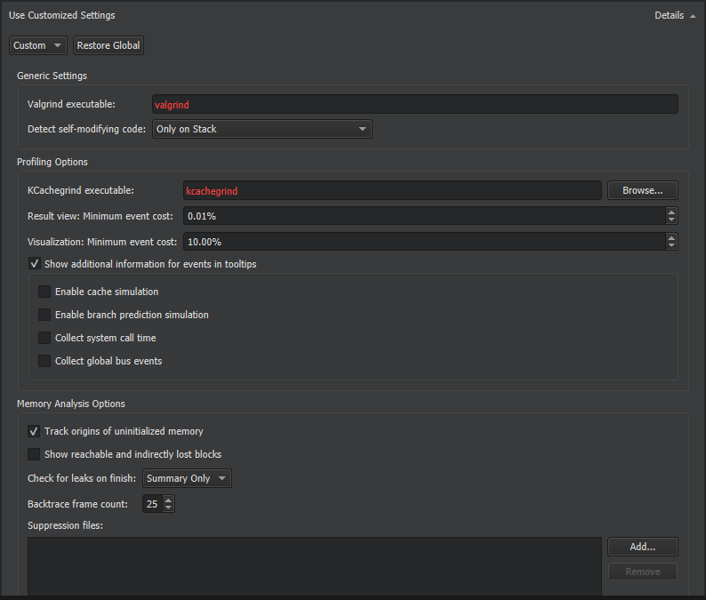 "Valgrind Settings"