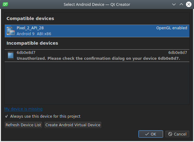 "Select Android Devices dialog"