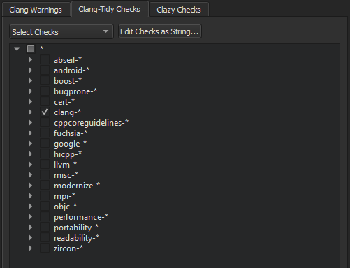 "Clang-Tidy Checks tab"