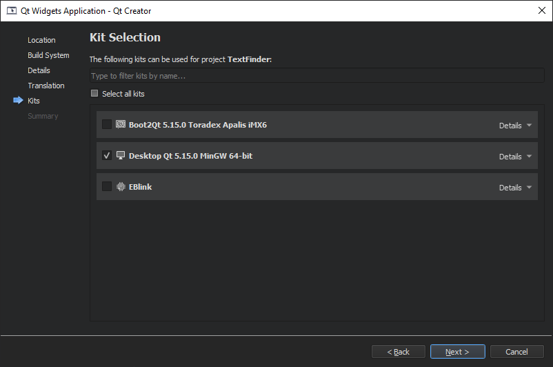 "Kit Selection dialog"