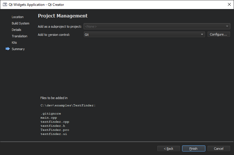 "Project Management dialog"