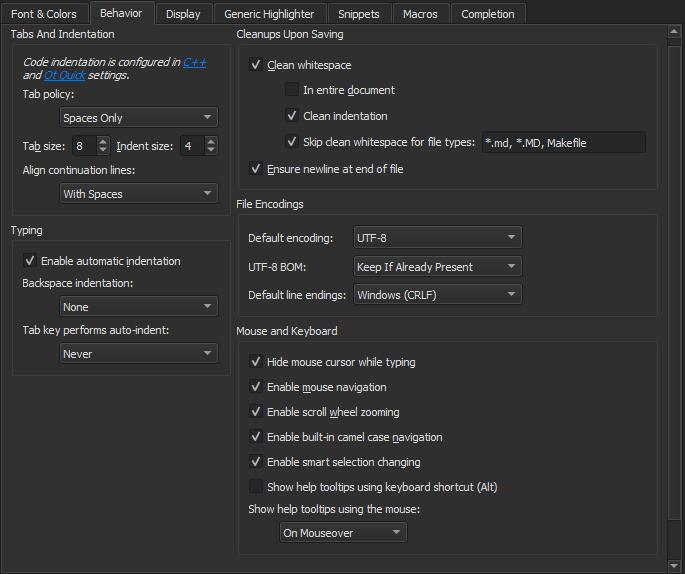 "Text Editor Behavior options"