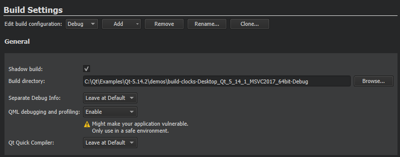 "qmake general build settings pane"