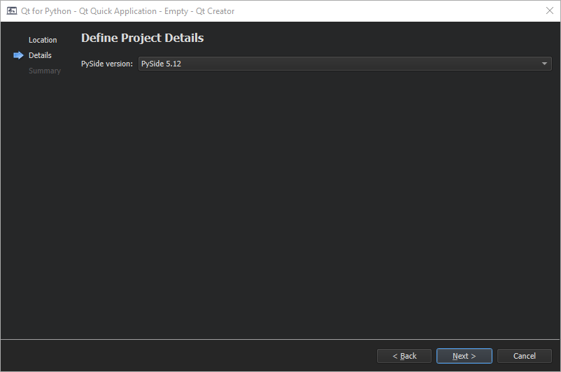 "Qt for Python wizard for creating an empty Qt Quick application"