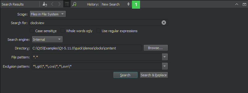 "Search Results output pane"