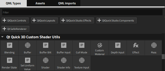 "Qt Quick 3D Custom Shader Utils tab in Library"
